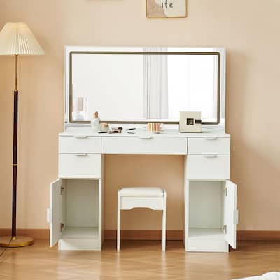 White Makeup Dressing Table with Adjustable Lighting LED Mirror and 5 Drawers for Bedroom - 15.8”D x 46.1"W x 56.1"H
