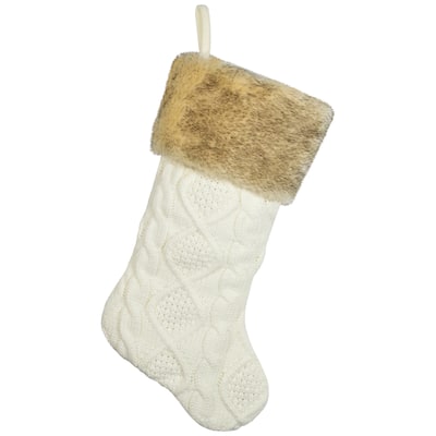 Cable Knit Christmas Stocking with Faux Fur Cuff - 20.5" - Cream Beige