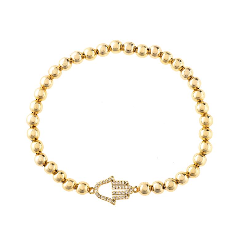 Horizontal Open CZ Hamsa Charm Polished Bead Bracelet - Gold