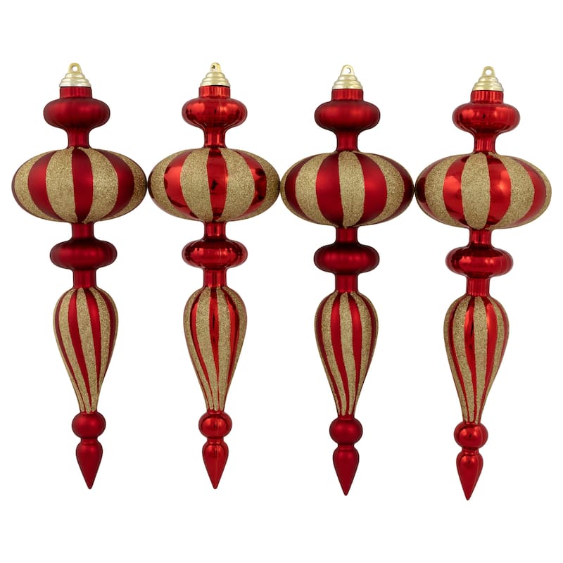 Shatterproof Commercial Size Finial Christmas Ornaments - 14" - Red and Gold - Set of 4
