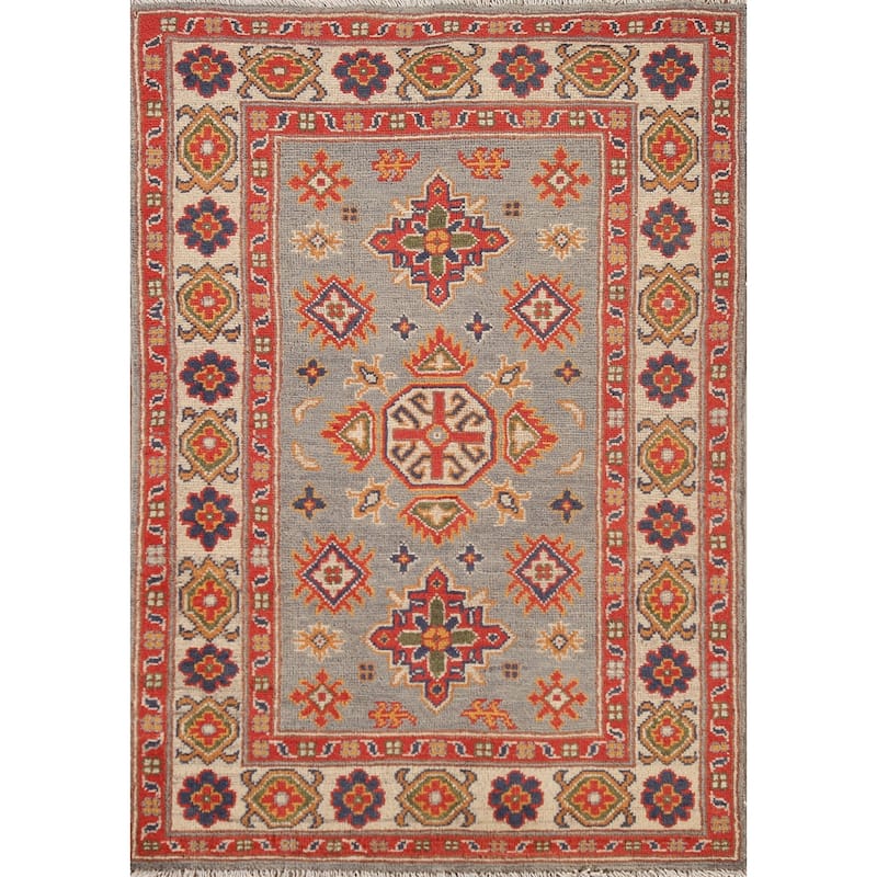 Geometric Kazak Accent Rug Hand-Knotted Grey Wool Carpet - 2'8"x 4'2"