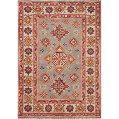 Geometric Kazak Accent Rug Hand-Knotted Grey Wool Carpet - 2'8"x 4'2"