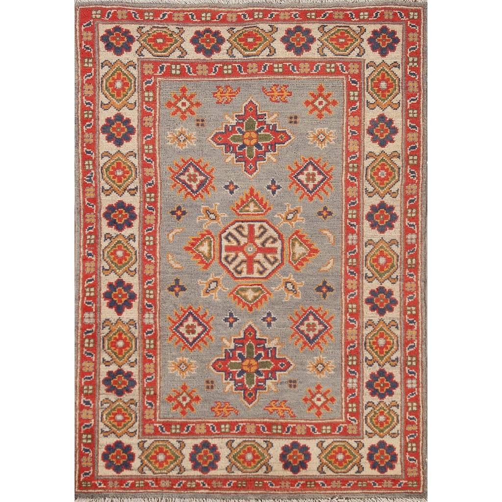 Geometric Kazak Accent Rug Hand-Knotted Grey Wool Carpet - 2'8"x 4'2"