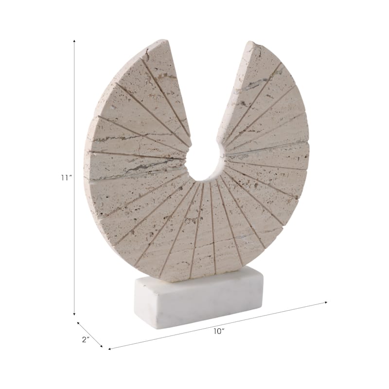 Travertine Marble Geometric Fan Modern Sculpture Decor - 11" Tan - 10" x 2" x 11"