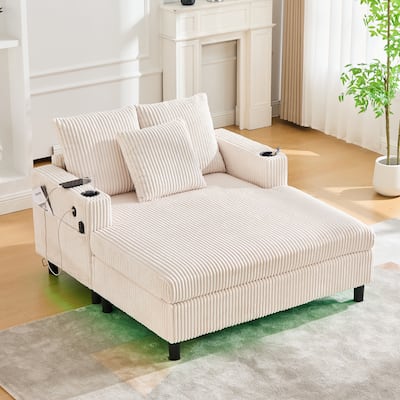 Versatile Corduroy Chaise Lounge Sofa Music-Sync Recliner Couch with USB/Type-C Ports, Cup Holders, LED Light Strip and Pockets