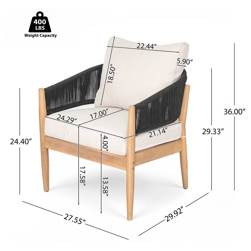 Roomfitters Verona Outdoor Acacia Wood Club Chairs with Rope Detail, Natural Finish and Beige Set of 2 - Set of 2