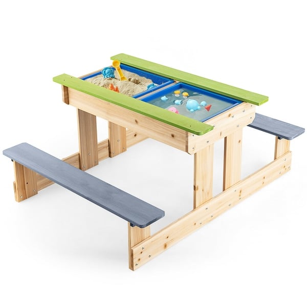 slide 2 of 10, Gymax 3-in-1 Kids Picnic Table Outdoor Wooden Water Sand Table w/ Play - See Details Natural + Green + Gray - See Details