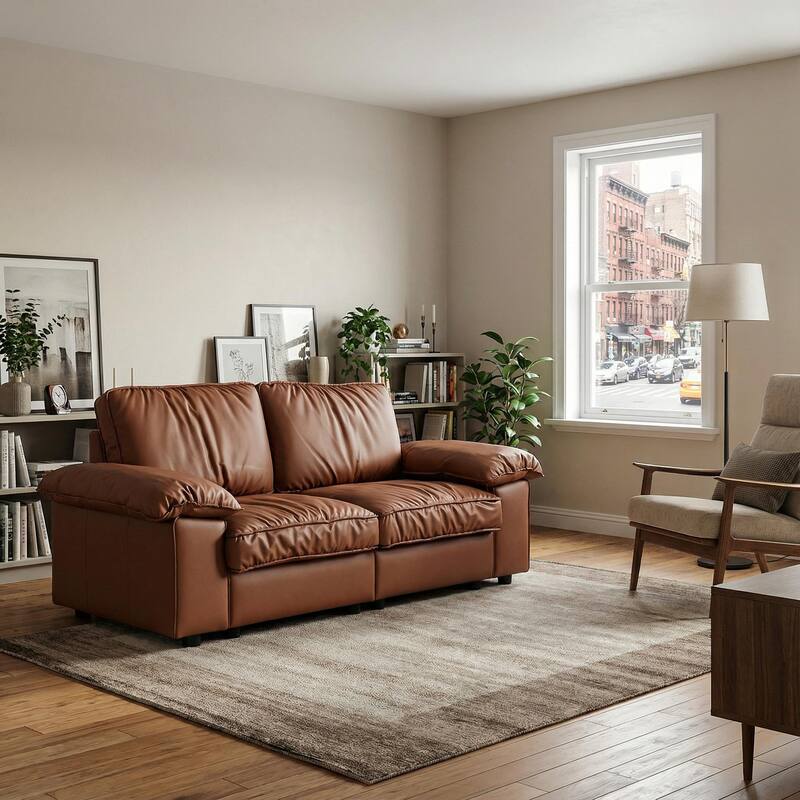 Roomfitters Modern Overstuffed Upholstered Loveseat with Padded Pillow Arms, Comfortable 2 Seater Couch for Living Room