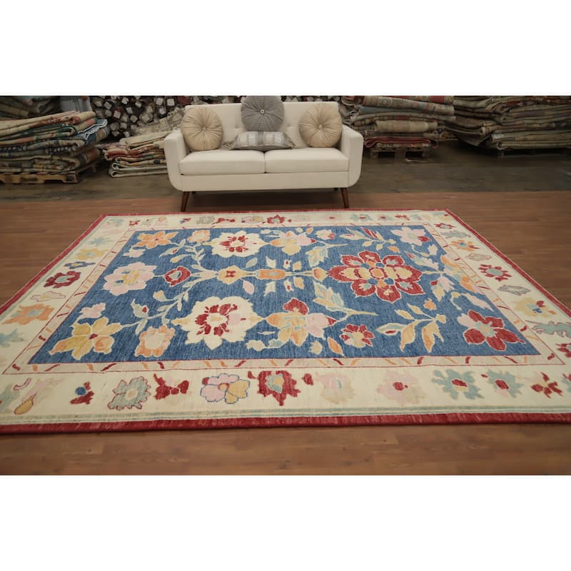 Hand Knotted Oriental 100% Wool Carpet Transitional Floral Navy Blue & Blues Oushak Area Rug - 9' 10'' X 8' 4''