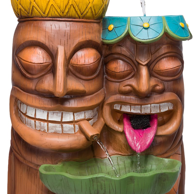 Alpine Corporation - 3-Tiered Colorful Tiki Head Water Fountain, Indoor/Outdoor Tropical Waterfall with LED Lights, for Garden
