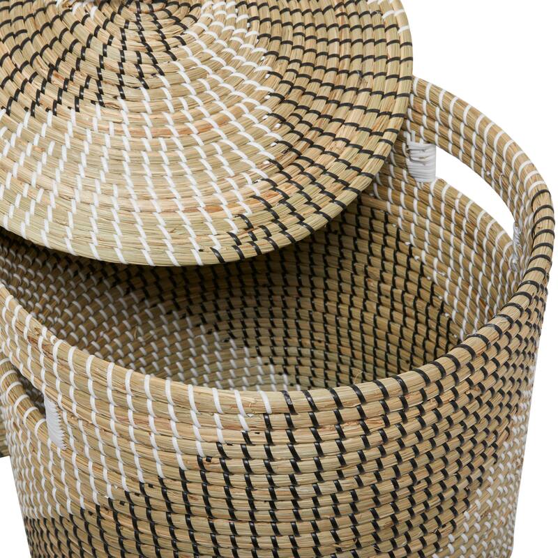 Brown Seagrass Handmade Two Toned Decorative and Functional Storage Basket with Matching Lids (Set of 2)