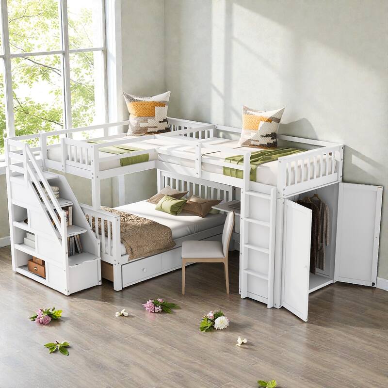 Twin Twin Over Full L-Shaped Bunk Bed with Drawers, Wardrobe and Retractable Desk, Pine Wood Frame