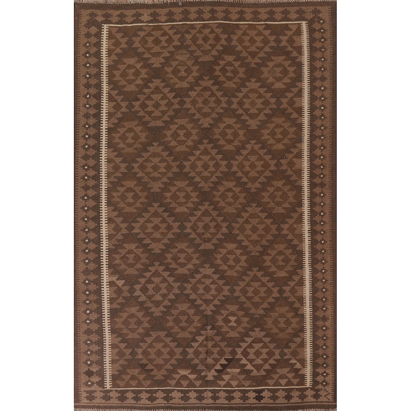 Hand Woven Oriental 100% Wool Carpet Southwestern Geometric Brown Kilim Area Rug - 9' 8'' X 6' 9''