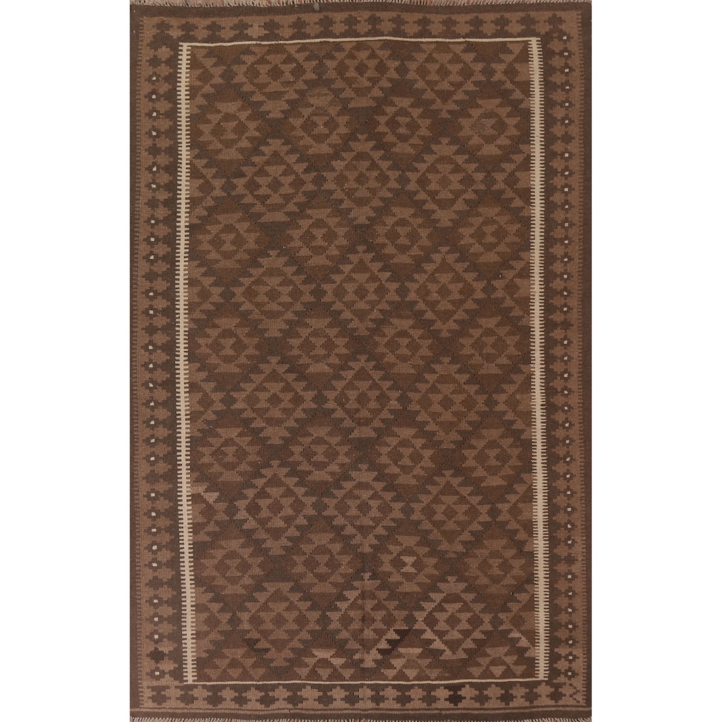 Hand Woven Oriental 100% Wool Carpet Southwestern Geometric Brown Kilim Area Rug - 9' 8'' X 6' 9''