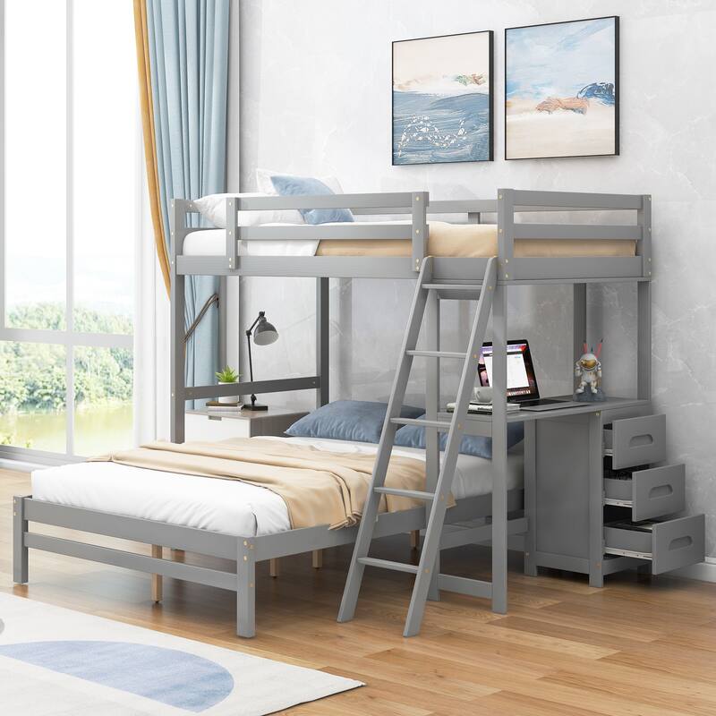 Twin Over Full Bunk Bed with Built-In Desk, Three Storage Drawers - Gray