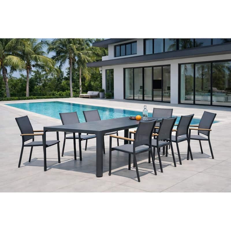 Quay Dark Grey 9-Piece Aluminum Outdoor Dining Set with Tribeca with Ceramic Glass Table Top - N/A