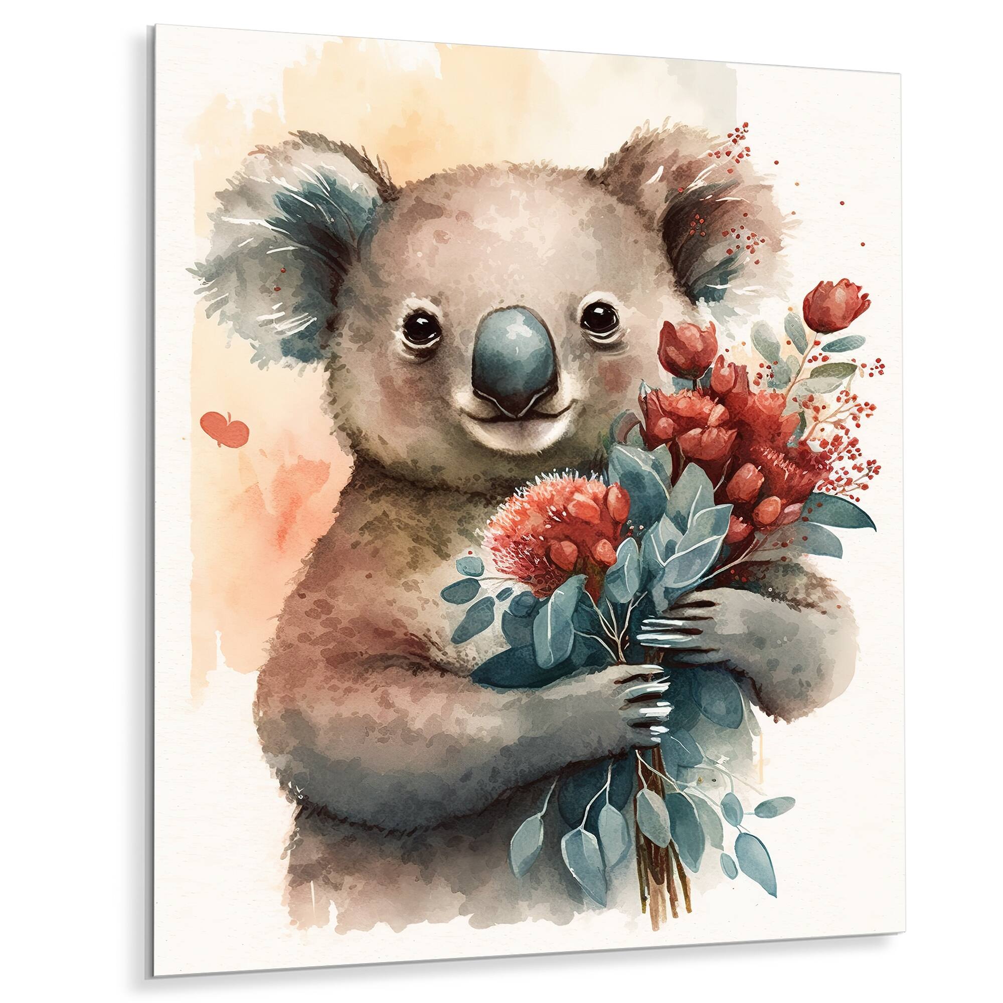 Designart 'Koala Bear Love Holding Flowers' Animals Koala Metal Wall