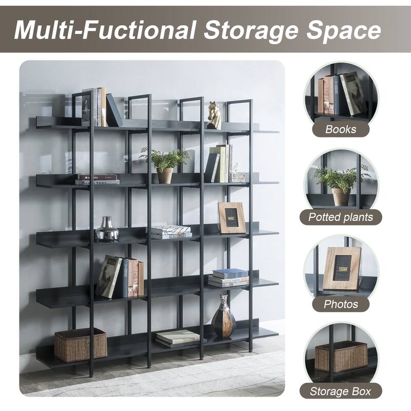 5 Tier Bookshelf Office Bookshelf Metal Frame MDF Board Industrial Style