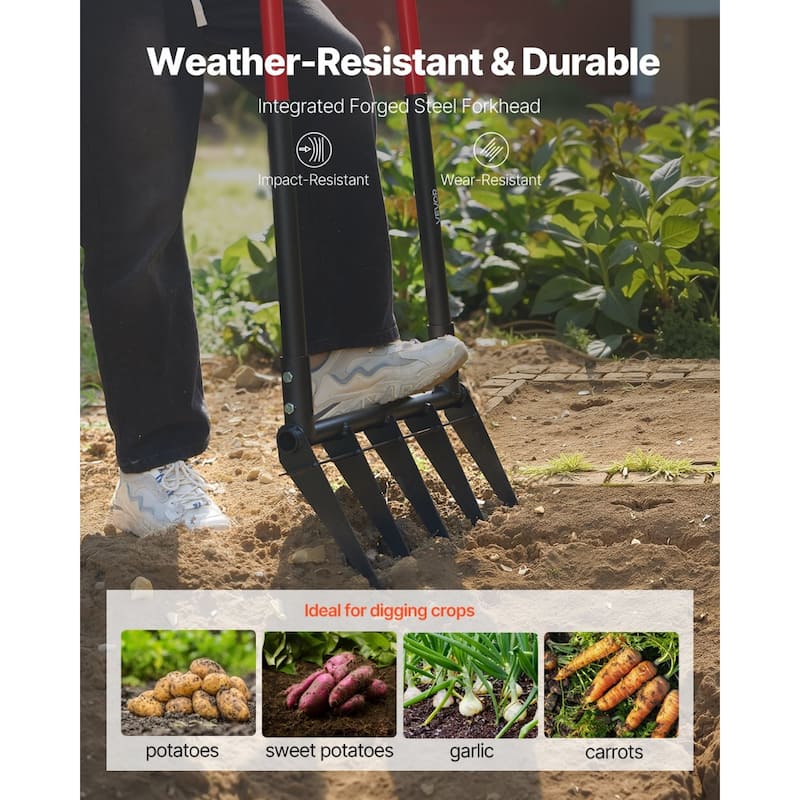 Red and Black Manganese Steel Broad Fork with Fiberglass Handle Detachable - 53.94 in x 20.28 in