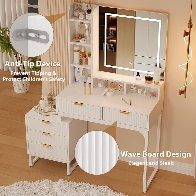 Vanity Desk with LED Mirror and Stool, Movable Side Cabinet, 5 Drawers,