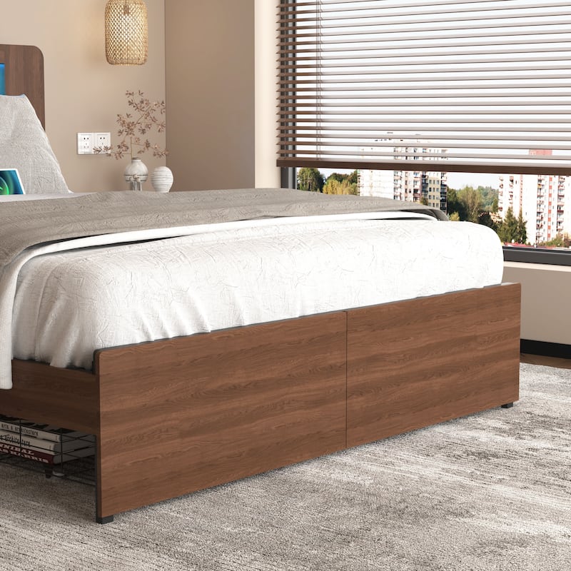 Farmhouse Brown Wooden Low Profile Platform Bed Frame with 2 Pull-out Drawers and Bookcase Storage Headboard Built-in LED Light