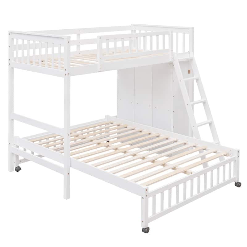 Twin Over Full Wood Bunk Bed with Six Drawers and Shelves