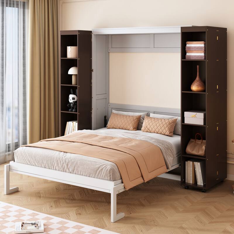 Queen Size Murphy Bed with Cabinets, Storage Wall Bed with Movable Bookcase, Wood Folding Bed Frame