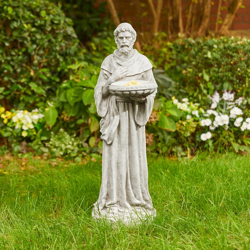 Glitzhome Vintage MgO Saint Francis Garden Statue Sculpture with Birdfeeder Feeding Animals - 32.75" H St. Francis with Birdfeeder