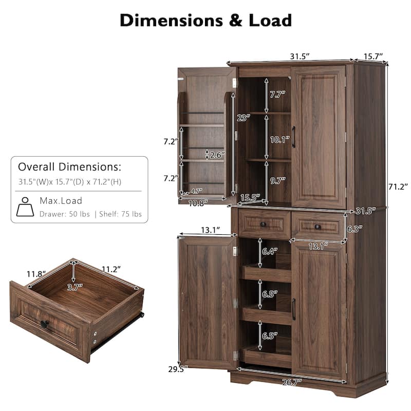 Farmhouse 71" Pantry Cabinet with 3 Slide-Out Organizers, 6 Door Shelves, Adjustable Storage for Kitchen