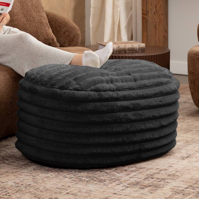 Large Ribbed Faux Fur Plush Pouf Ottoman - 35" - Black