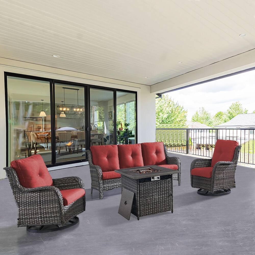 Gymojoy 4-Piece Outdoor Wicker Patio Furniture with Fire Pit Table, Rattan Coversation Set with Water Resistant Thick Cushions