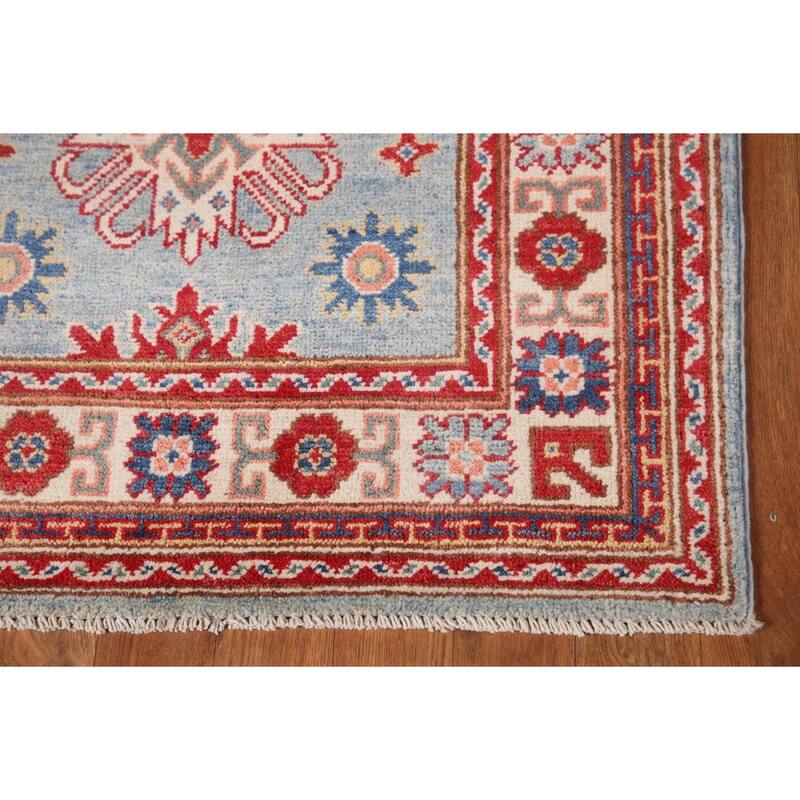 Light Blue Geometric Kazak Runner Rug Hand-Knotted Wool Carpet - 2'8" x 6'6"