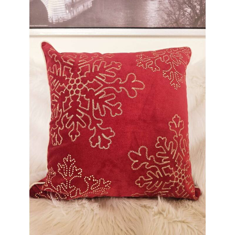 Velvet Holiday Throw Pillow 20x20 with Snowflake Embroidery and Insert - Red