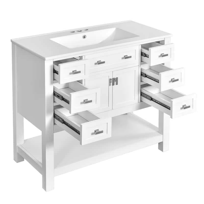 Roomfitters 36" Vanity with Sink, Modern Bathroom Cabinet with 2 Doors and 6 Drawers, Freestanding Storage Design