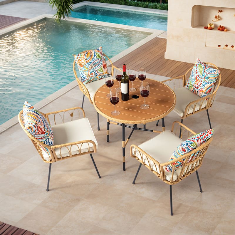 5-Piece Outdoor Patio Dining Round Table Set Included 4 Rattan Chairs with Cushions Seat and Umbrella Hole