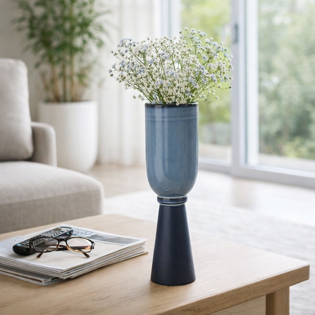 Decorative Vase - Blue Ceramic Dual-Finish Design, 14 in.