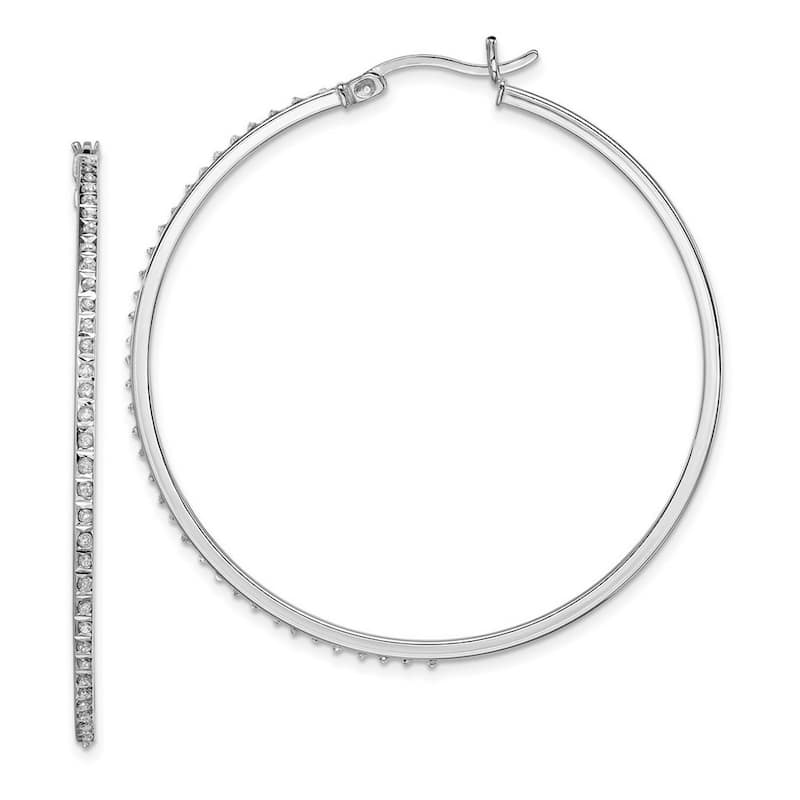 Curata Sterling Silver 47x1mm Diamond Accent Round Hinged Hoop Earrings