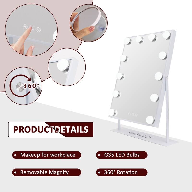 VANITII Hollywood Vanity Makeup Mirror with 12 LED Bulbs 3 Color Lights Metal Tabletop White Small Mirror