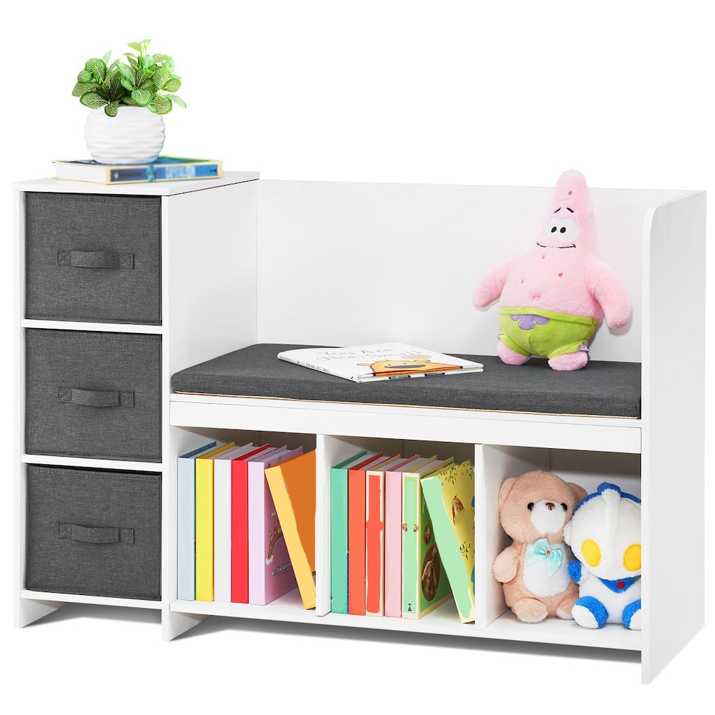 White 6 Cubby Storage Organizer Kids Reading Nook Bench with Detachable Seat Cushion and 3 Drawers - 43.11” x 15.87” x 29.92”