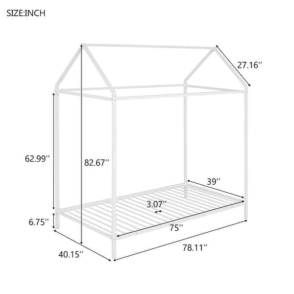 dimension image slide 0 of 2, House Bed Frame Twin Size, Metal Platform Bed for Kids, No Box Spring Needed, Adjustable Height and Creative Design