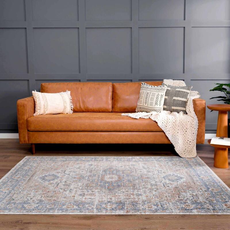 Hauteloom Ezri Hallway, Kitchen Machine Washable Runner Rug - Peach, Off White, Blue - 2'7" x 7'3"