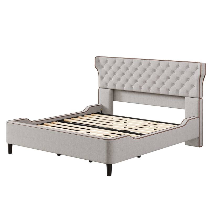 Christopher Knight Home - Aveline Modern Upholstered Platform Bed with Curved Back Headboard and Button Tufted Design