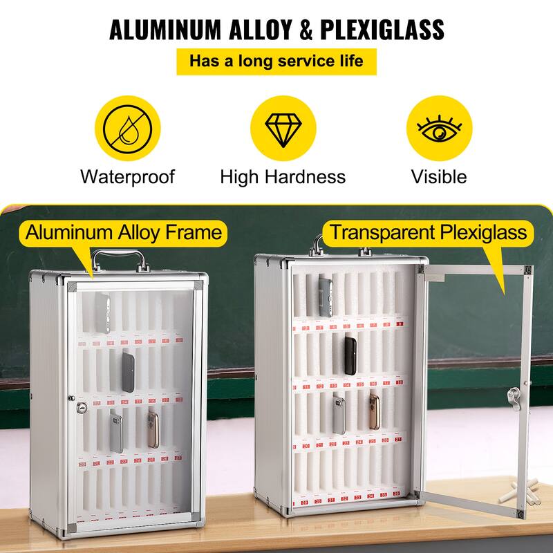 36 Slots Cell Phone Cabinet Silver Aluminum Alloy Pocket Chart Storage Locker Box with Portable Handle, Key Lock