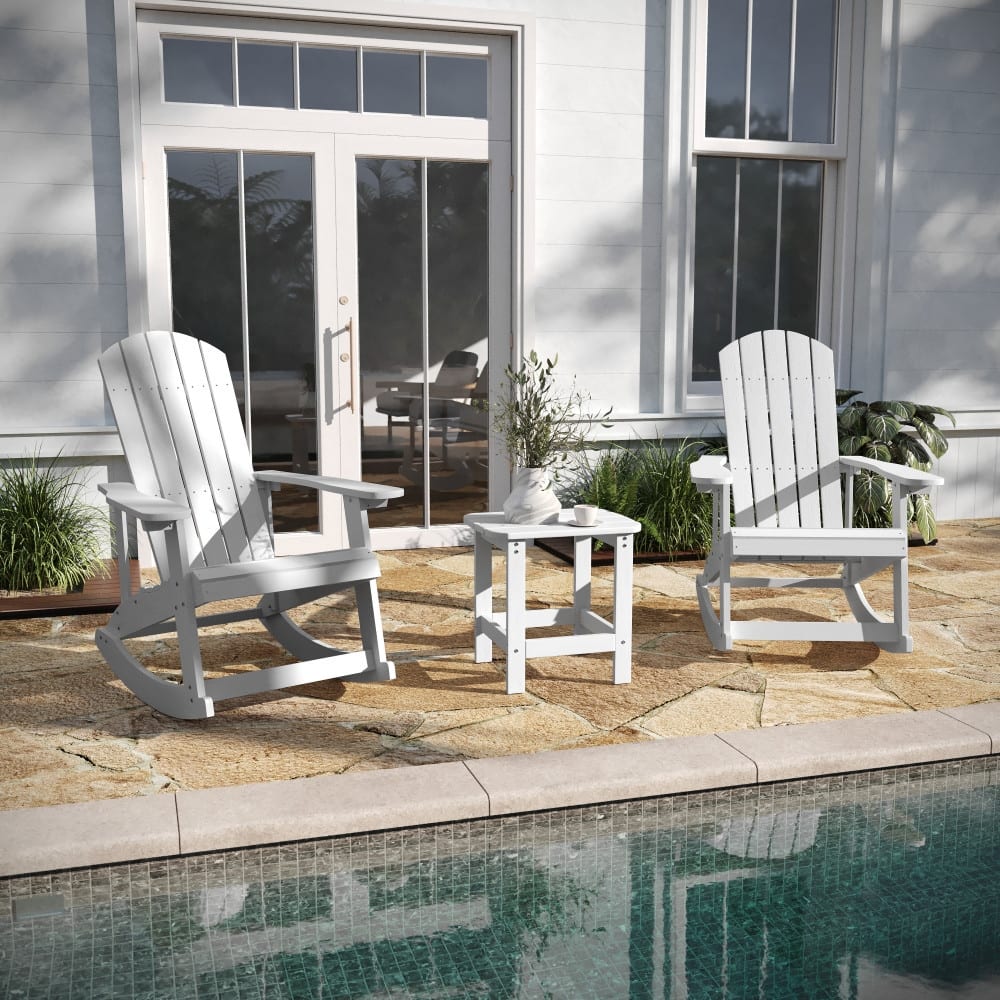 Set of 2 Poly Resin Adirondack Rocking Chairs with 1 Side Table