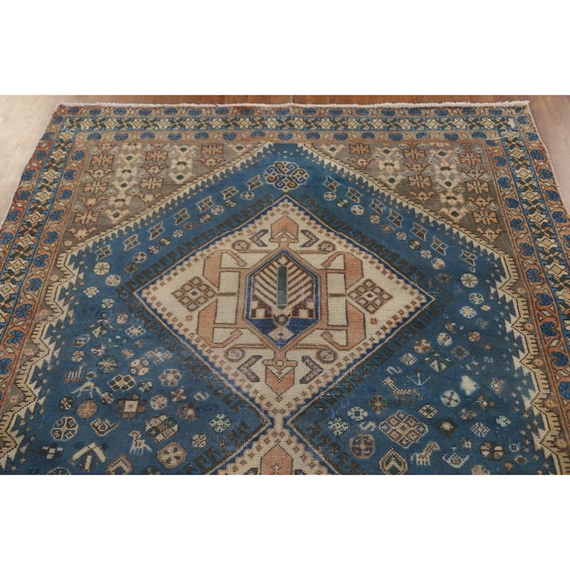 Blue Tribal Bakhtiari Persian Vintage Rug Hand-Knotted Wool Carpet - 5'6"x 9'9"