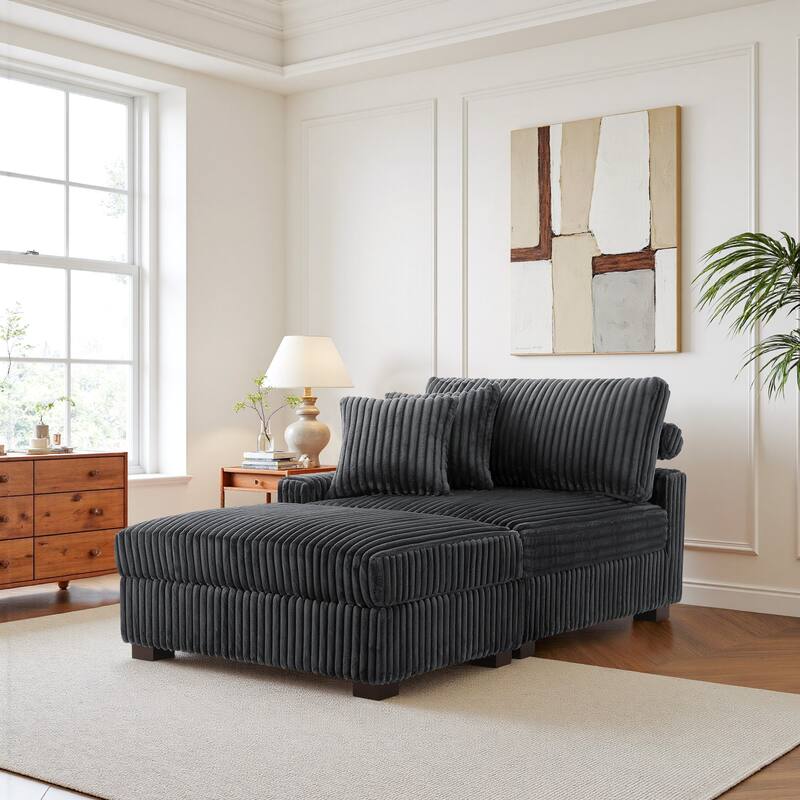 Modular Armchair and Ottoman Set with Adjustable Headrest, Flannel Upholstery - Gray - Left Facing