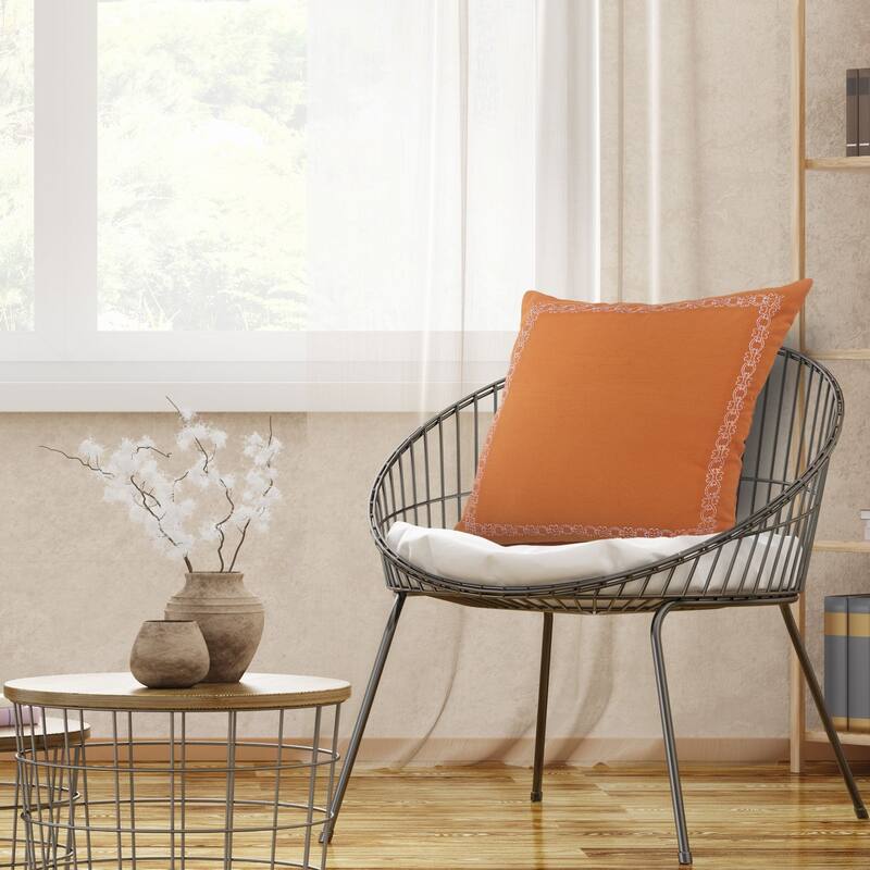 20" Cinnamon Orange and White Embroidered Border Square Throw Pillow