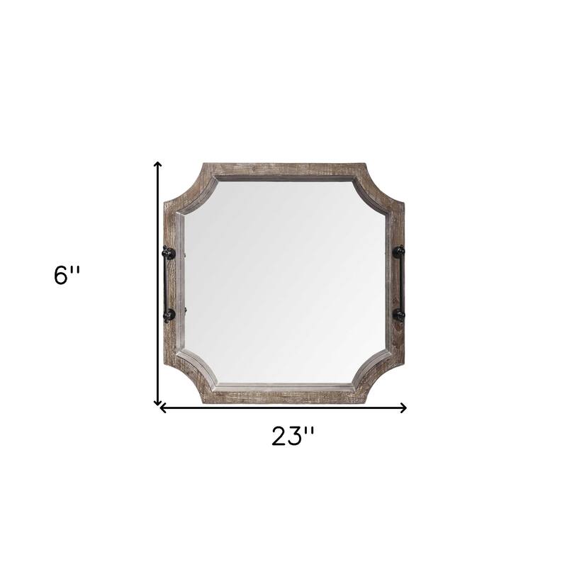 HomeRoots 23" Brown Hexagonal Wood and Mirrored Glass Serving Tray With Handles