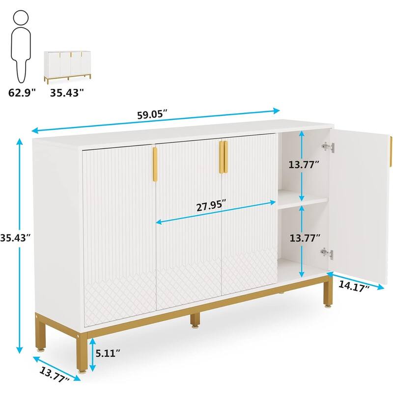 Modern MDF Buffet Sideboard Cabinet with 4 Doors and Metal Legs for Kitchen Dining or Living Room - 59"L x 13.7" W x 35.5" H