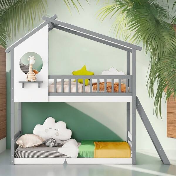 slide 2 of 10, Playhouse-inspired Style Twin Over Twin Bunk Bed Wood Bed with Roof, Window and Ladder, Quality Structure, Space-saving, Natural Grey